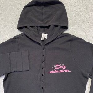 Womens Thermal Hoodie XL Black Ride Pink Button Lightweight Pullover Waffle Knit